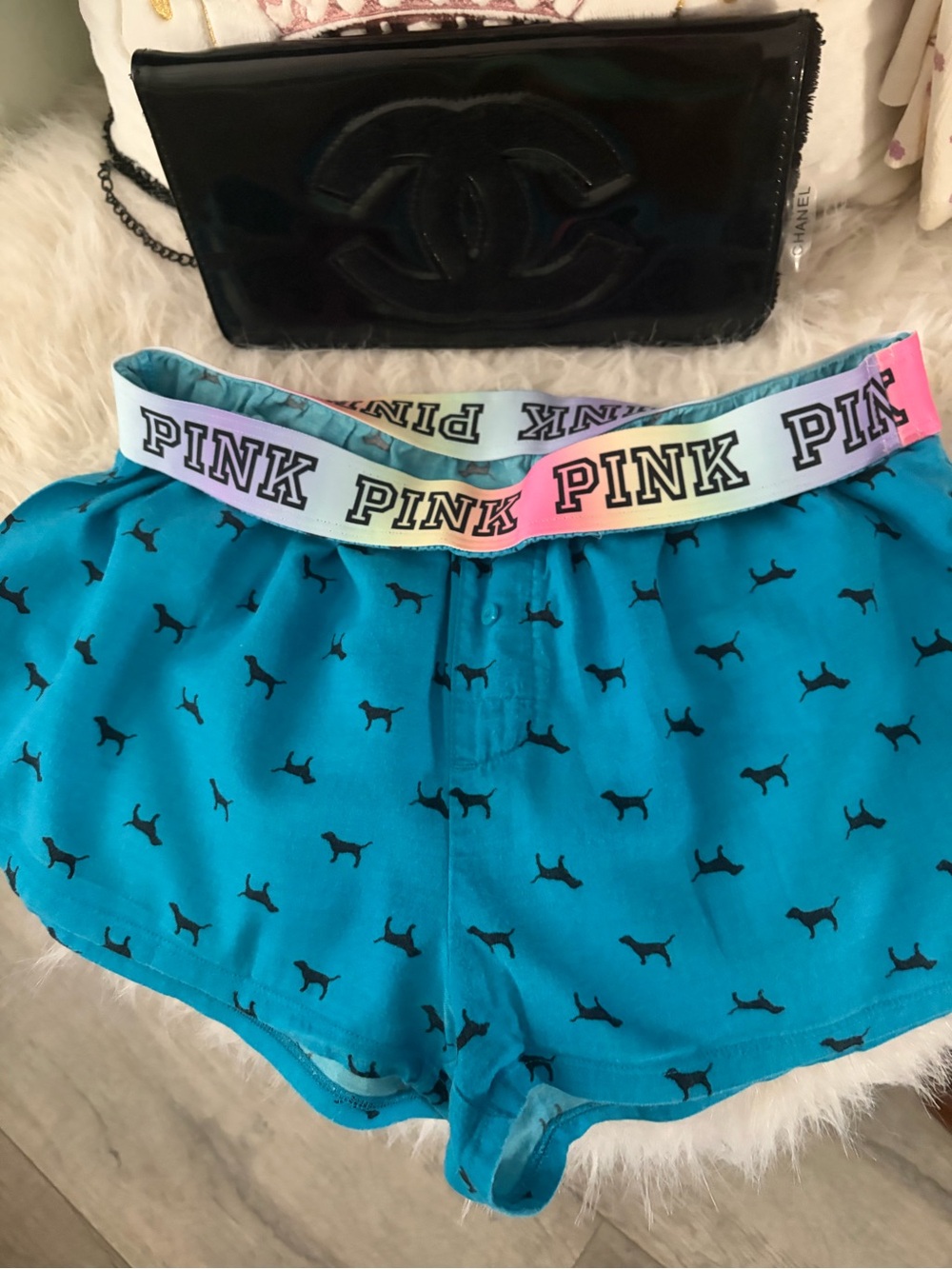PINK Victoria's Secret Teal Lounge Shorts with Rainbow Branded Waistband